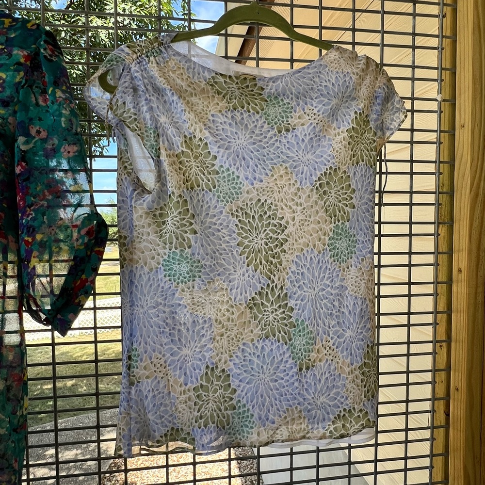 Talbots White and Green Floral Blouse